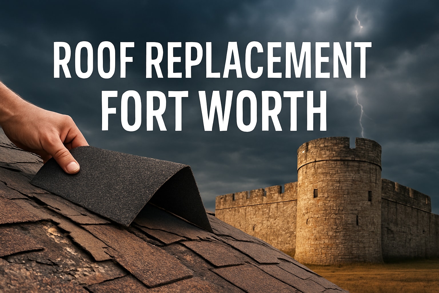 Hand lifting roofing material on a sloped roof with a stormy sky and a stone castle in the background, emphasizing roof replacement in Fort Worth.