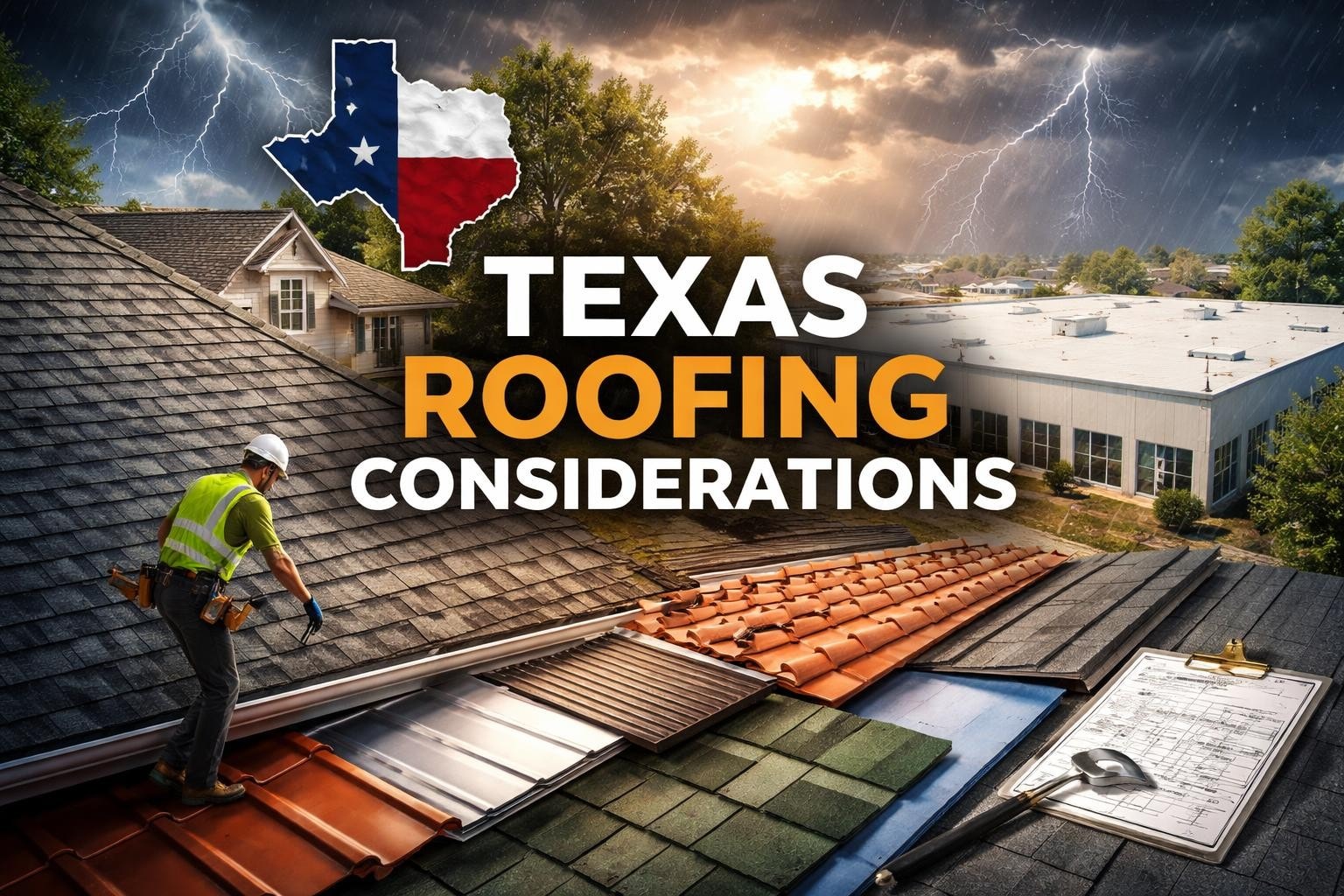 Roofing professional on sloped roofs with Texas map and flag, emphasizing Texas roofing considerations amidst stormy weather.