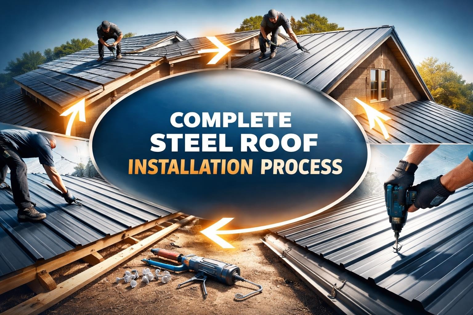 Complete steel roof installation process with workers on roofs, showcasing tools and techniques for durable roofing.