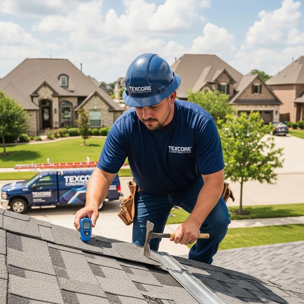Texcore Construction professional inspecting residential roof shingles with tools, ensuring quality and maintenance for Fort Worth homes.