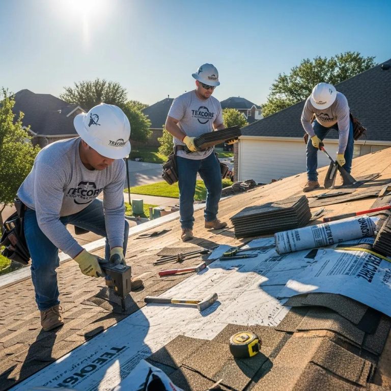 Texcore Construction roofing team installing shingles on a residential roof in Fort Worth