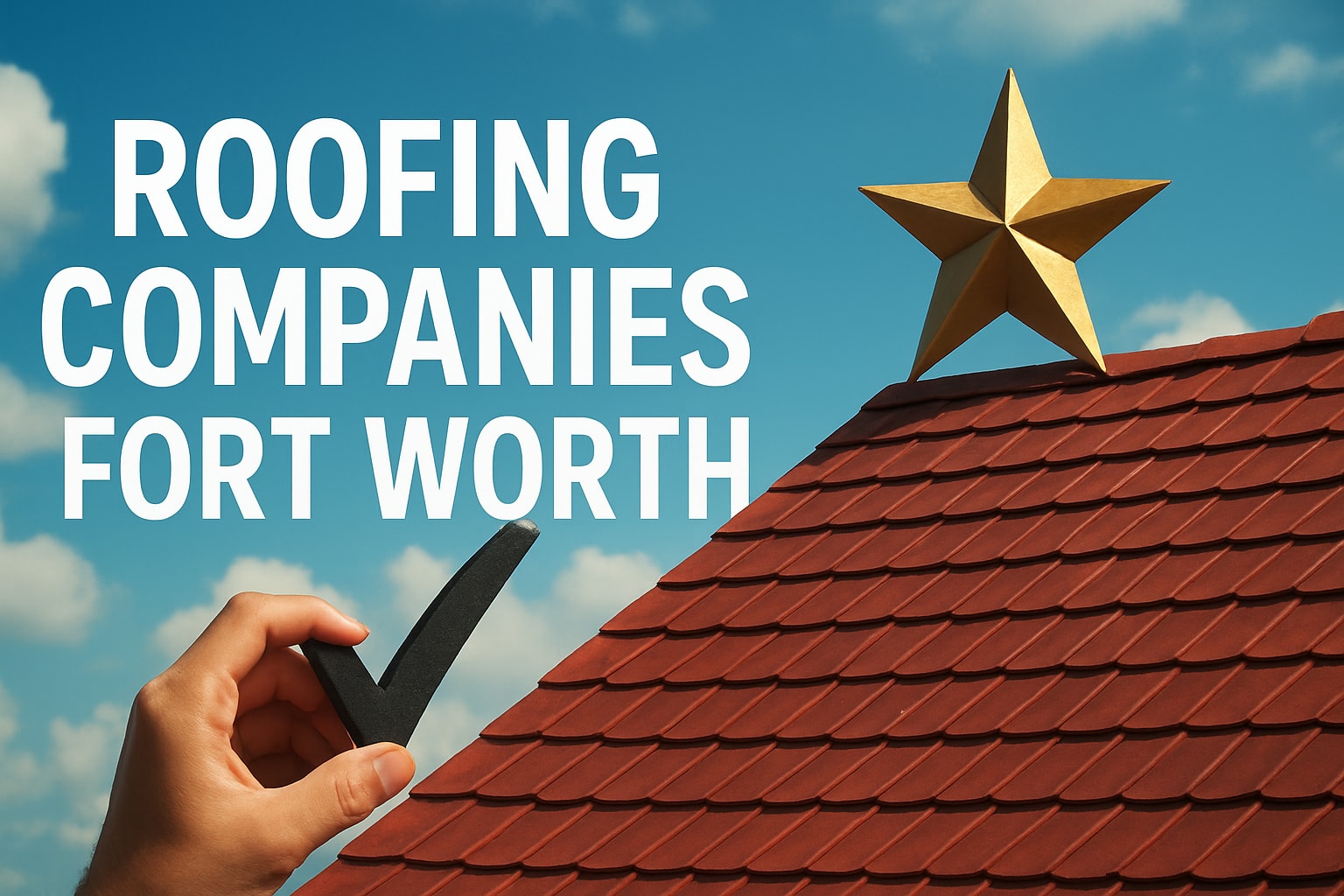 Hand holding a checkmark near a red shingled roof topped with a golden star, with the text "ROOFING COMPANIES FORT WORTH" prominently displayed, symbolizing reliable roofing services for homeowners in Fort Worth.
