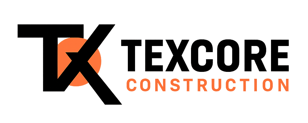 Texcore Construction logo featuring a black intersecting 'TX' monogram over an orange circle.