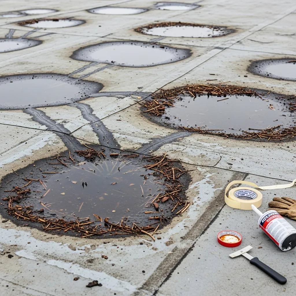 Close-up of flat roof issues in Fort Worth, highlighting leaks and ponding water for effective maintenance