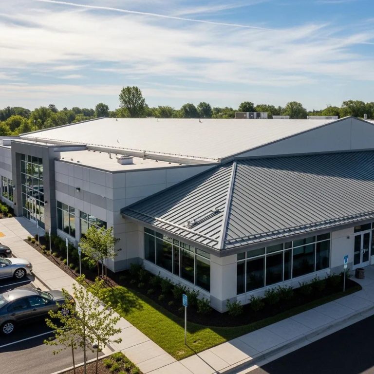 Comparison of flat and metal roofing systems on a commercial building, illustrating key differences in materials and design
