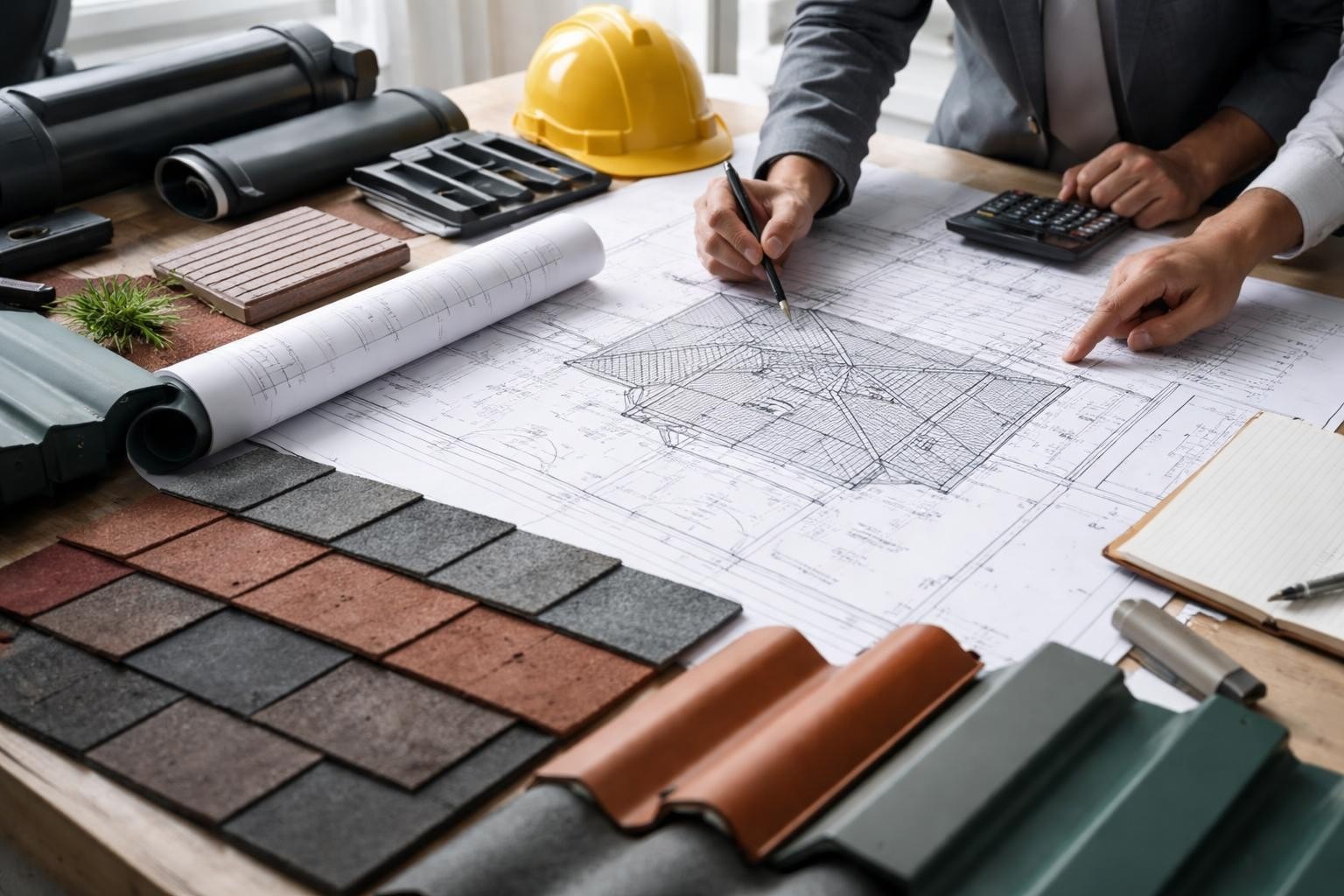 Design roofing plans with architectural blueprints, roofing materials like asphalt shingles and metal sheets, construction tools, and a hard hat on a workspace table.