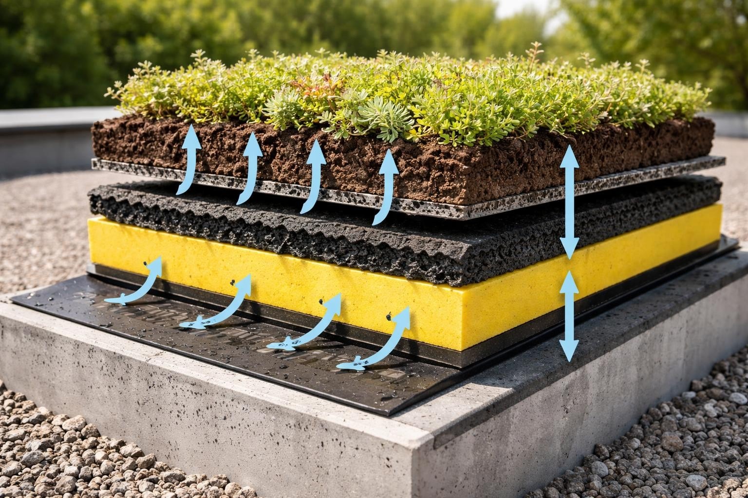 Layered green roofing system showcasing vegetation, drainage, and waterproofing components, illustrating sustainable building design and stormwater management.