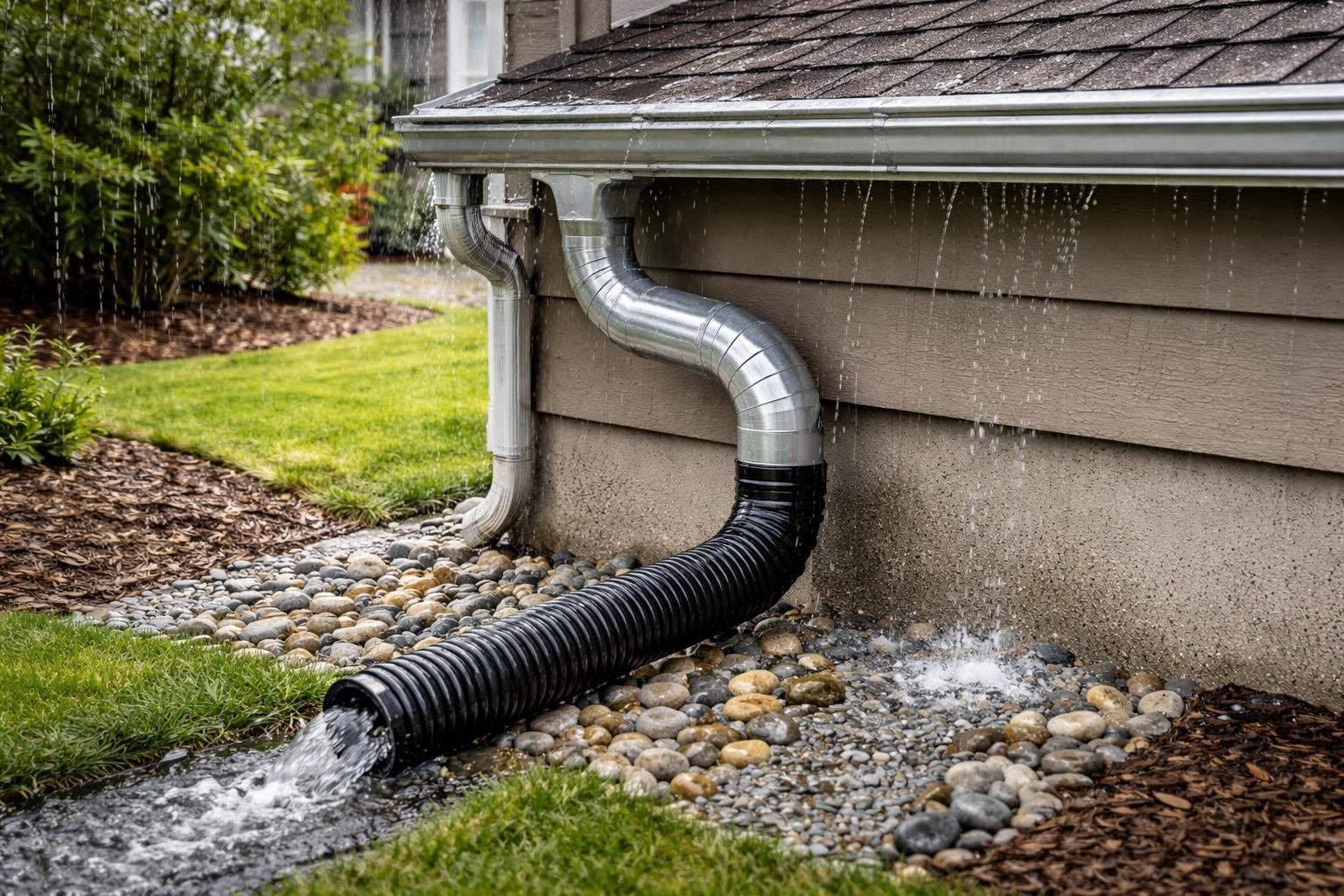 Guttering system with downspout directing water away from a house, featuring a black drainage pipe and pebbled landscaping, illustrating proper installation techniques for effective water management.
