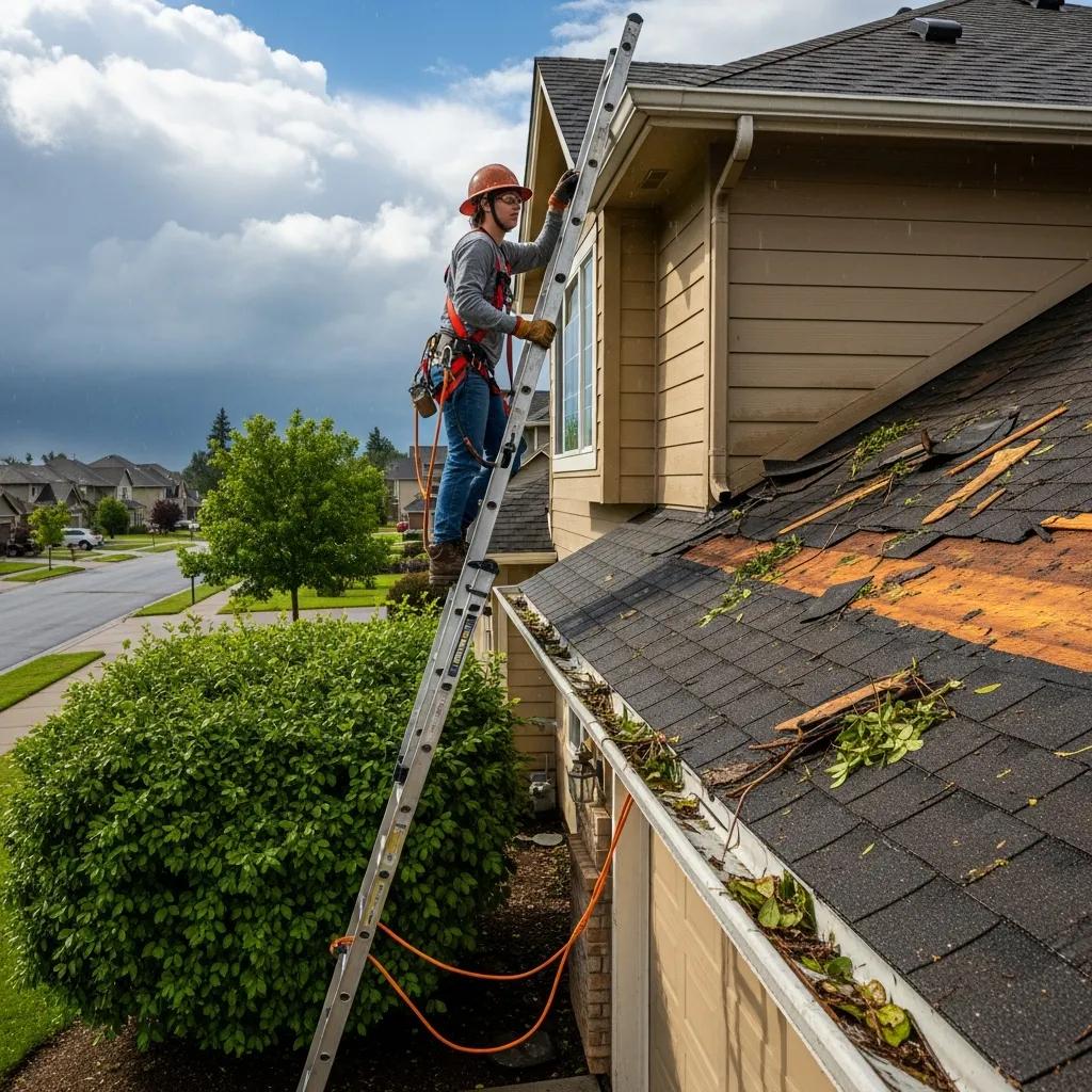 Homeowner inspecting roof damage with safety gear on a ladder after storm, highlighting post-storm assessment for insurance claims.