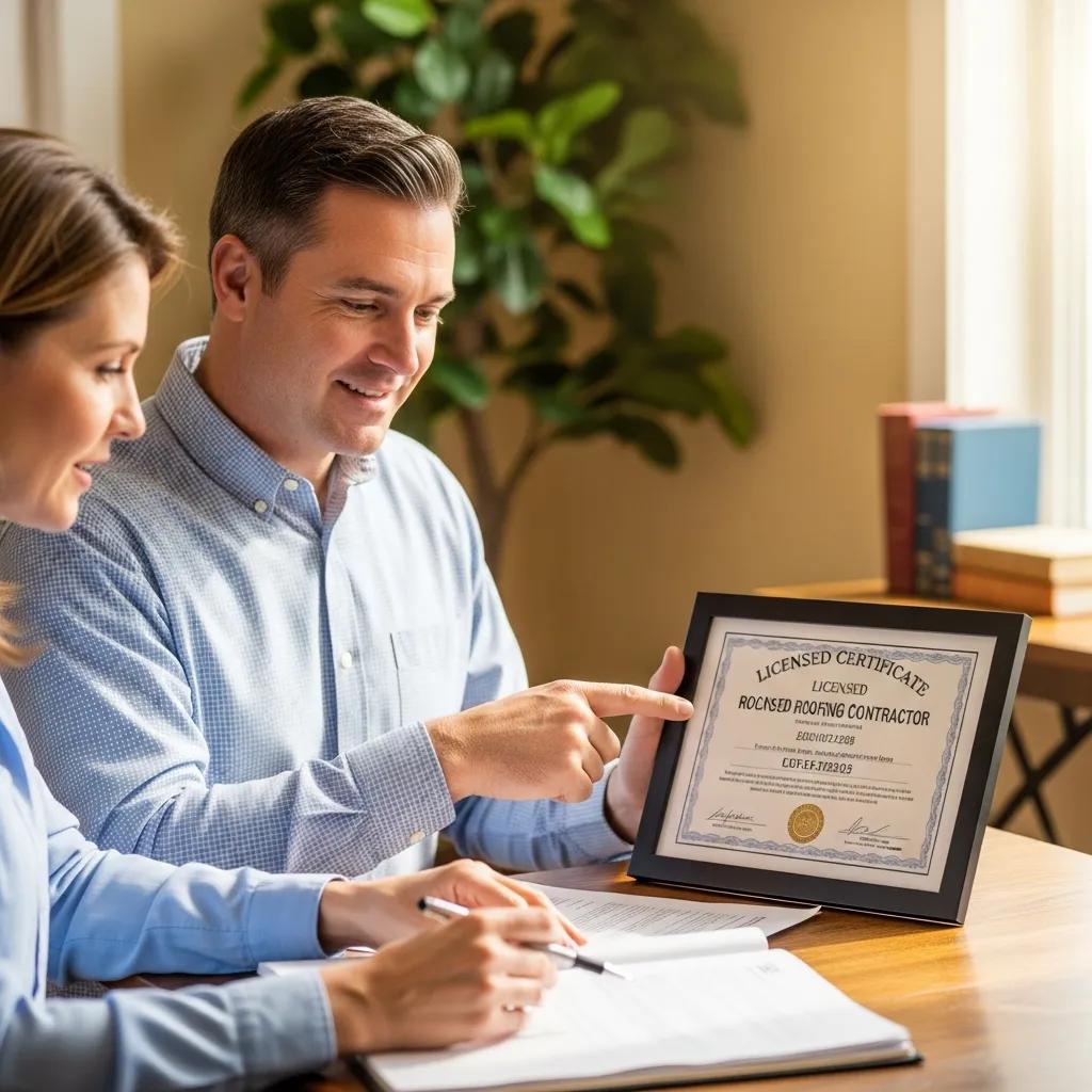 Homeowner reviewing roofing contractor's license and insurance documents, emphasizing verification process