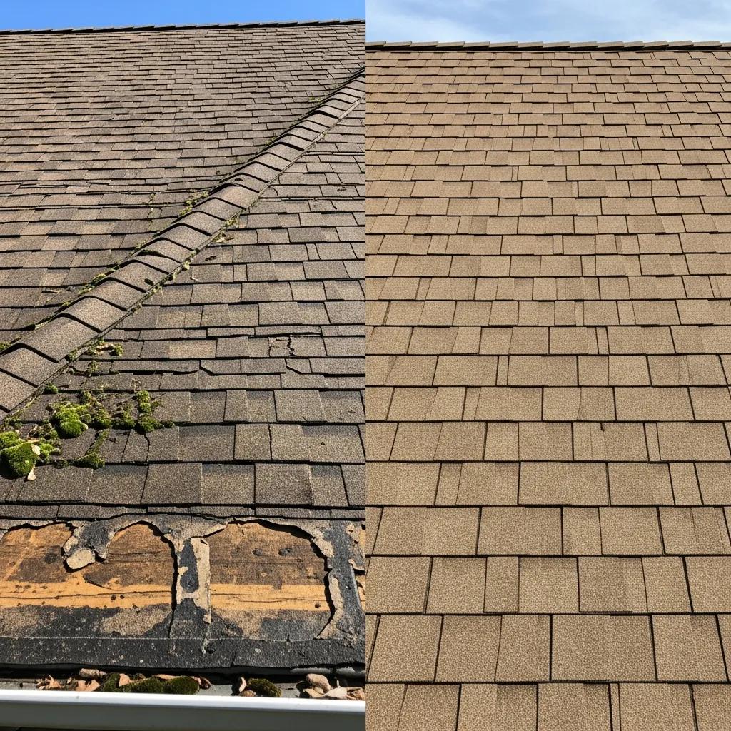 Illustration of a deteriorating roof versus a well-maintained roof highlighting claim denial reasons