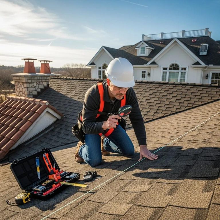 Professional roof inspector assessing a residential roof with tools and safety gear