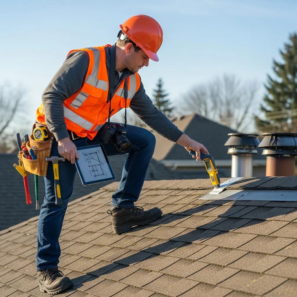 Professional roof inspector in safety gear assessing roof condition with tools and tablet for post-storm evaluation and insurance documentation.