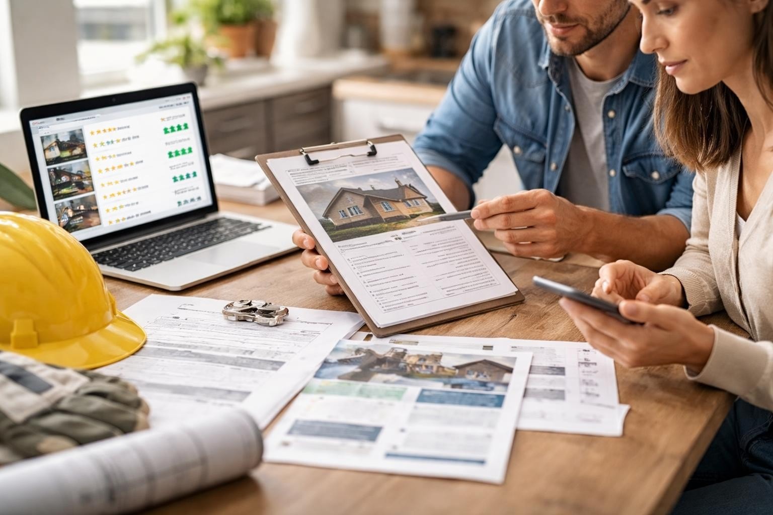 Couple reviewing roofing project details on a clipboard and laptop, with construction documents and a hard hat on a wooden table, emphasizing local contractor selection and project planning.