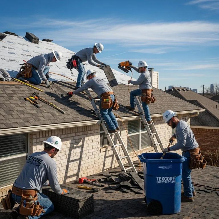 Texcore Construction team repairing a residential roof in Fort Worth, showcasing quality roofing services