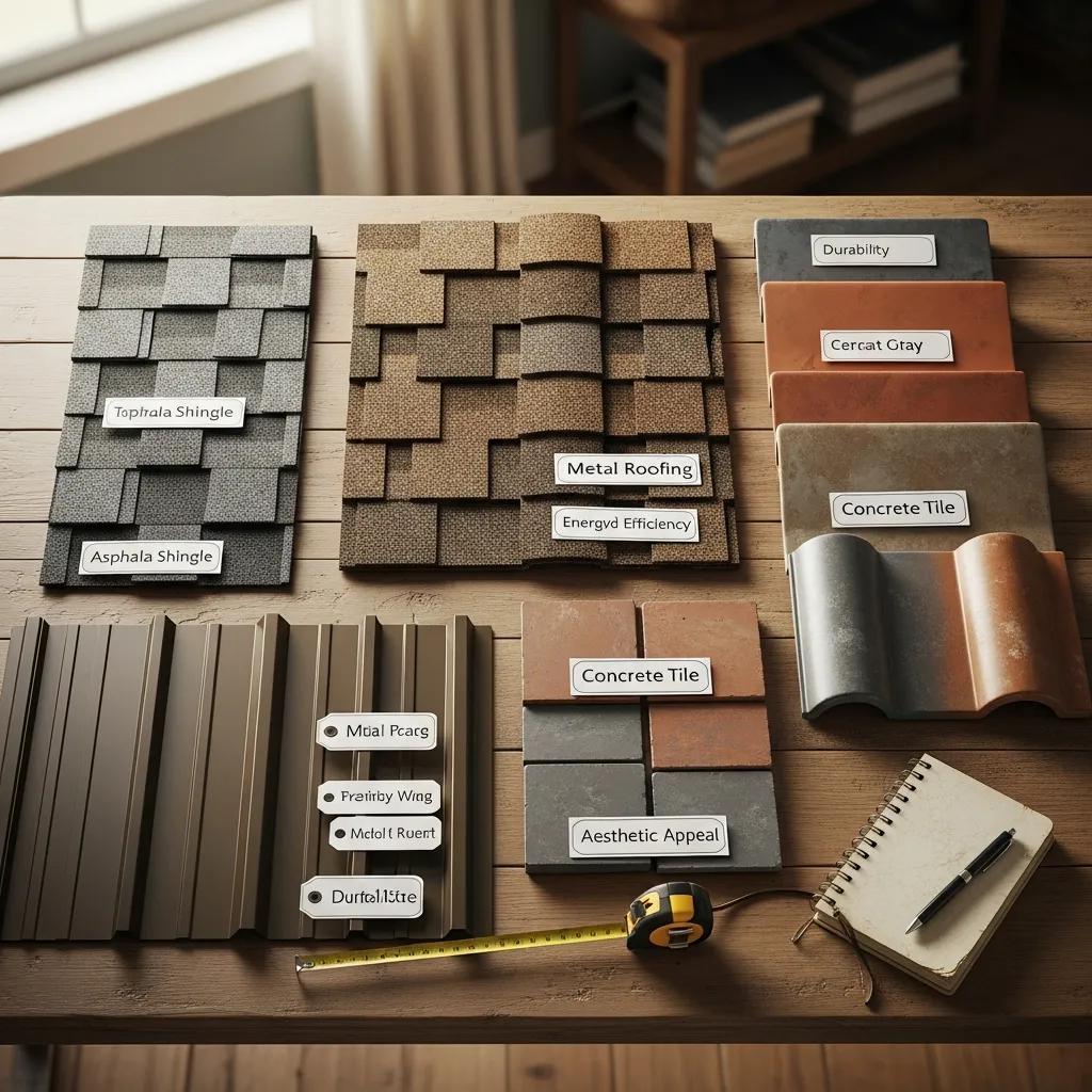 Variety of roofing materials including asphalt shingles, metal sheets, and tile samples, showcasing options for homeowners