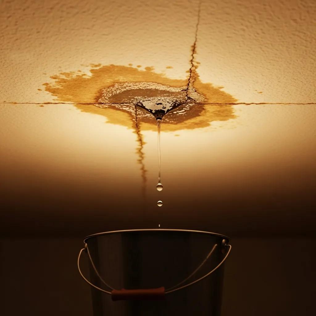 Ceiling with water stains and dripping water indicating a roof leak