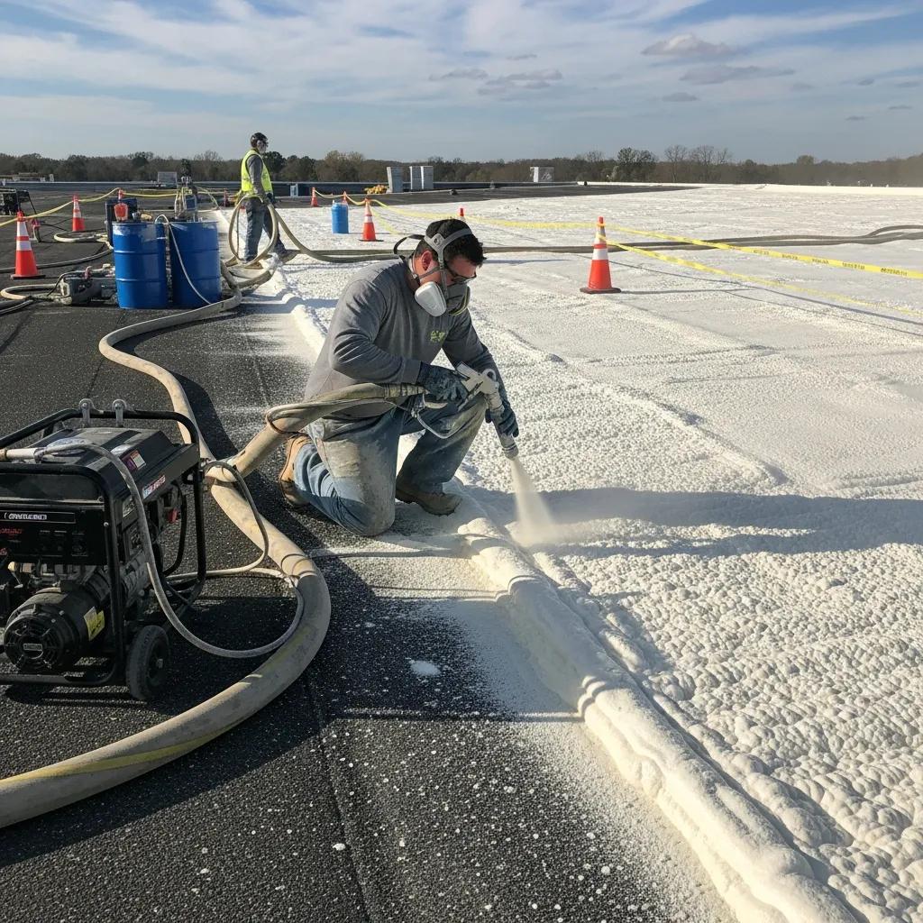 Contractor applying spray foam during the roofing installation process
