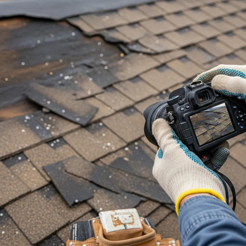 Contractor documenting roof damage for insurance claims