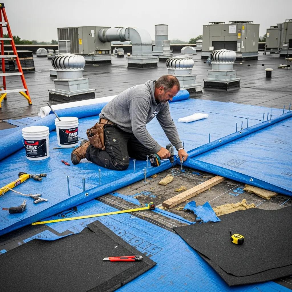 Roofing contractor applying a tarp as a temporary solution for roof leak