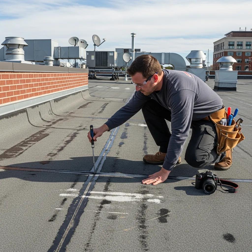 Technician inspecting modified bitumen roofing, highlighting maintenance best practices for commercial roofs