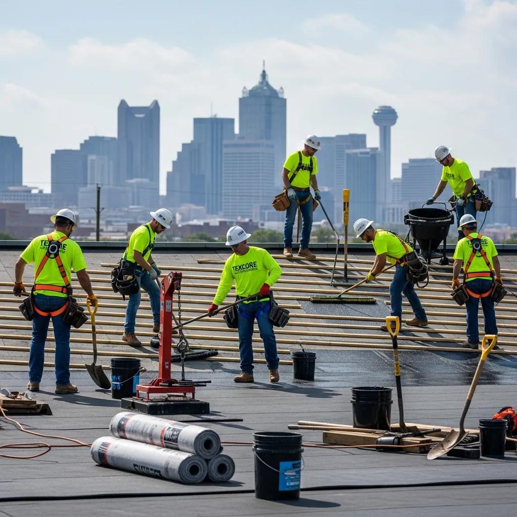 Texcore Construction team installing Built-Up Roofing on a commercial property in Fort Worth