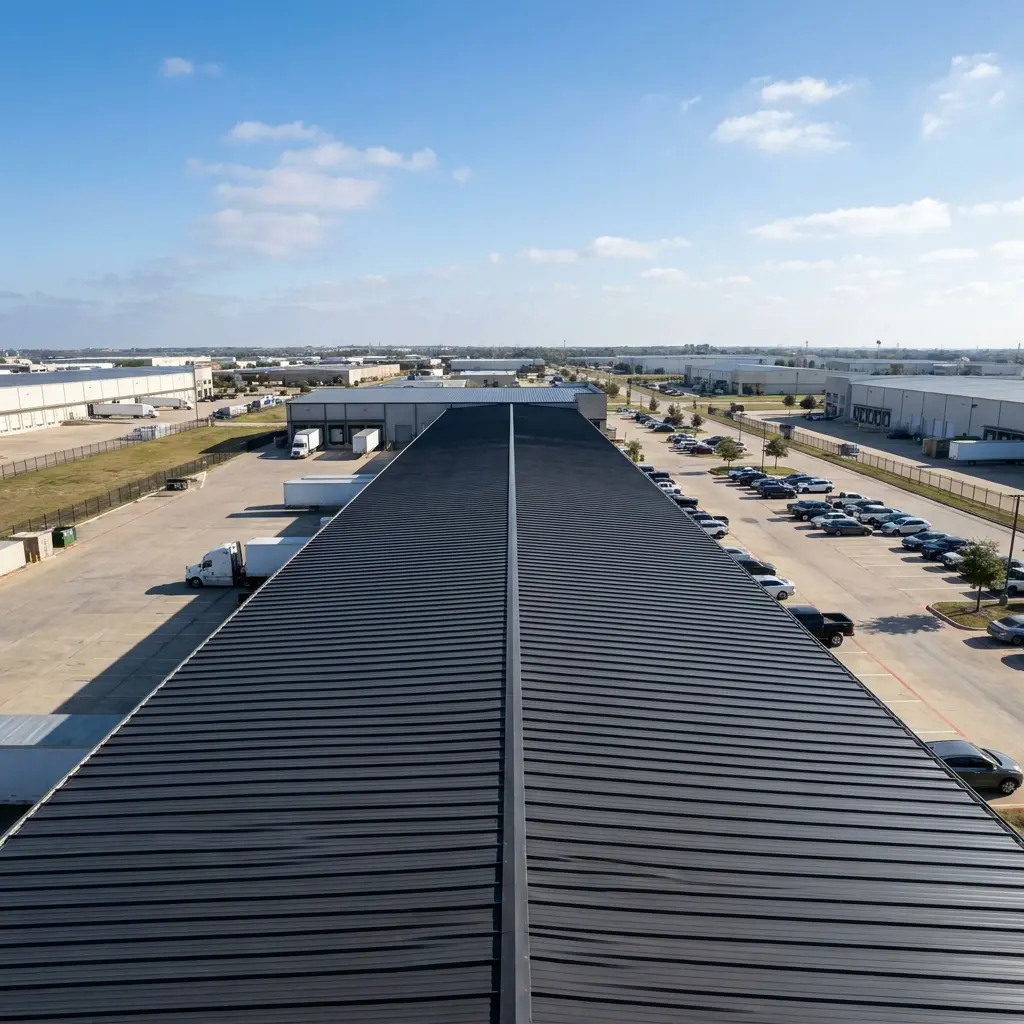 Aerial view of a commercial building with a black standing seam metal roof, surrounded by industrial structures and parked vehicles in Fort Worth, Texas.
