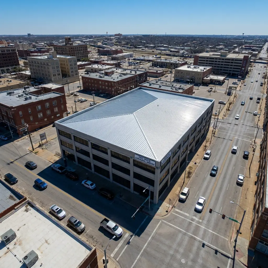 Aerial view of a commercial building with a metal roof in Fort Worth, showcasing urban surroundings and nearby streets, highlighting Texcore Construction's metal roofing services.
